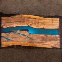 Table à manger en bois antique moderne avec table basse Blue Rive Double cascade Bord vif en résine époxy pour hôtel Meubles de maison