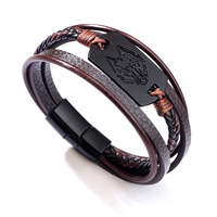 Bracelet en fer vintage tête de loup unisexe, tressé multicouche, style viking, vente en gros, Dragon Boat