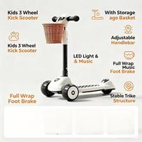 Trottinette à 3 roues pour enfants avec panier, guidon réglable, lumière LED Bluetooth, frein à pied complet pour enfants de 3 à 14 ans