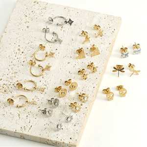 Fashion Stud Earrings Gold Steel Color Titanium Steel Geometric Star Design Round Line Minimalist European American Style - Product Image 1
