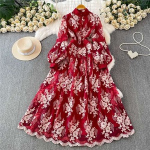 <b>Romantic</b> A-Line Embroidered Chiffon Empire Maxi <b>Dress</b> Lace Hollow Lantern Sleeve Scalloped Neck Vintage Floral Casual - Product Image 3