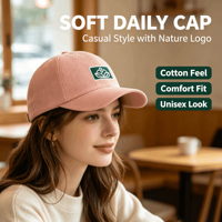 Casquette de baseball en velours côtelé rose poudré, personnalisée avec logo tissé feuille de montagne verte, idéale pour le quotidien, les loisirs et les activités de plein air.