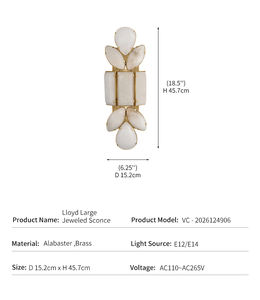 Applique murale moderne <span class=keywords><strong>en</strong></span> albâtre, décoration d'hôtel de luxe, style Art Déco, cadre <span class=keywords><strong>en</strong></span> laiton, forme de pétale, pierre naturelle, LED, grande applique décorée de pierres, modèle Lloyd - Product Image 4