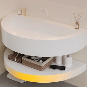 Meuble de salle de bain mural intelligent avec miroir LED et lavabo circulaire style crème pour hôtel - Product Image 4