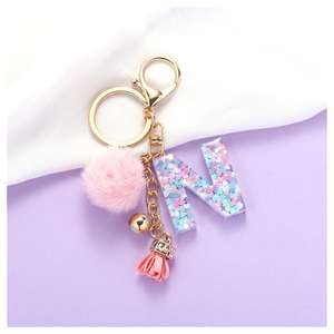Women's Fashion Letter Resin Handmade Metal <b>Key</b> <b>Chain</b> Personalized Plush Pompom Pendant Wallet Gift Wholesale - Product Image 2