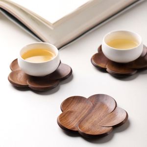 Support à tasses de thé Kung Fu au design moderne en noyer massif, sous-verre en bois, logo personnalisé, coussin créatif en forme de pétale, tapis isolant en liège résistant à la chaleur - Product Image 4
