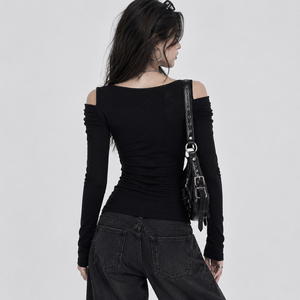 T-shirt moulant noir à épaules dénudées pour femme, en viscose et élasthanne, manches longues, style streetwear décontracté et sexy, mode Y2K - Product Image 2