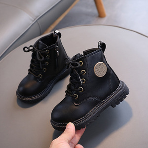 Bottes d'automne et d'hiver pour enfants, style britannique, semelles souples, bottes en cuir anti-dérapantes, lacets, bottes courtes imperméables - Product Image 2