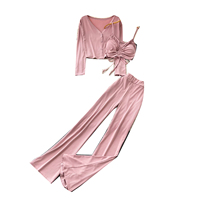 Ensemble 3 pièces côtelé pour femme : Cardigan à manches longues et col en V, débardeur froncé à cordon de serrage et pantalon évasé – Tenue décontractée d'été