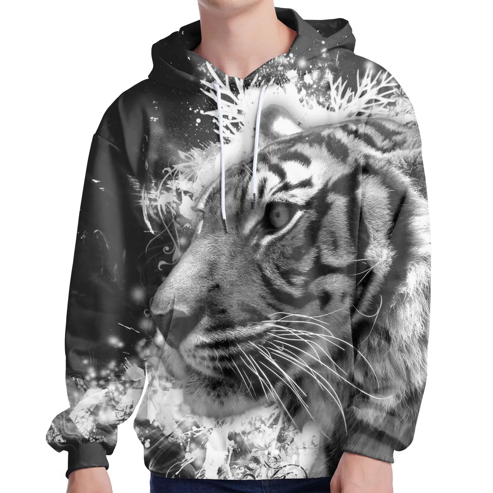 100% Polyester embossed hip hop unisex 3d tiger black pocket pullover hoodie sweatshirt