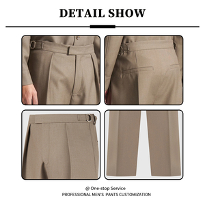 YUCE <strong>Men's</strong> Mid <strong>Waist</strong> Pleated Straight Leg Cotton <strong>Trousers</strong> Customized Wide Leg Dress Pants Deep Pleat Side Buckle <strong>Trousers</strong> - Product Image 4