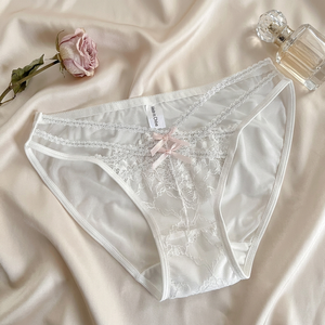 Braguitas de bikini de encaje transparente para mujer, de talle bajo, con tiras cruzadas y lazo decorativo, lencería sexy transpirable, venta al por mayor - Product Image 5
