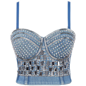 Fabricants de vêtements pour femmes Mode personnalisée Top corset sexy dos nu Bustier bleu scintillant avec strass et détails en cristal - Product Image 1
