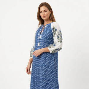 Vestido Formal Midi de Manga Larga con Cuello en V, Tejido de Algodón, Estampado Floral, con Botones, Lavable, Transpirable y Ecológico, Hecho a Mano para Mujer - Product Image 1