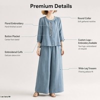 Ensemble deux pièces d'été en coton et lin pour femme, chemisier brodé floral et pantalon palazzo taille haute à jambes larges, tenue décontractée