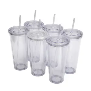2024 Популярные Двойные акриловые пластиковые стаканы для напитков, кофейные пластиковые бутылки для воды с крышками и соломой