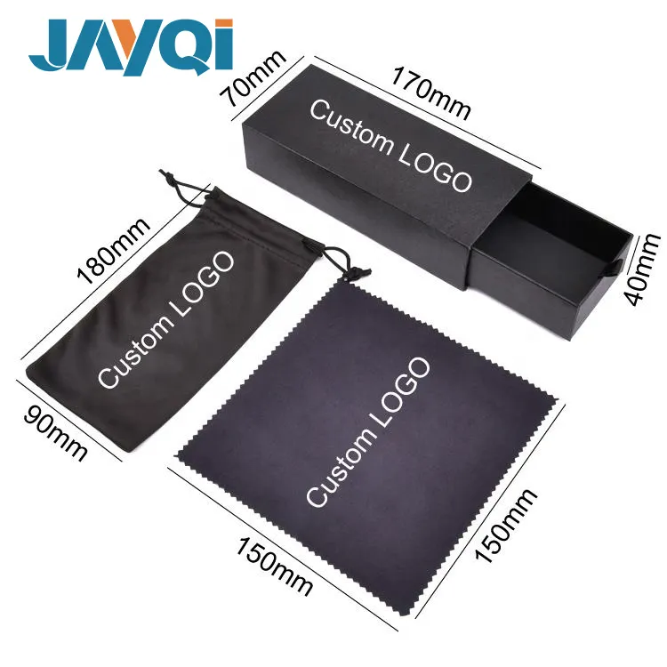 JAYQI Black Paper Glasses Case With Logo, Customized Cheap Sunglasses Packaging Boxes Cloth Pouch Set