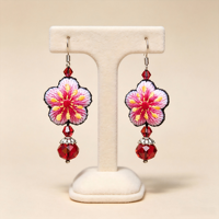 Anting-anting gantung bunga bordir Miao yang elegan, desain kait, hiasan manik-manik kristal merah, anting etnik untuk wanita