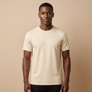 Camiseta de Algodón Crema Lisa para Hombre, Manga Corta, Cuello Redondo, Corte Regular, Tejido Jersey Informal, Transpirable, Color Sólido - Product Image 1