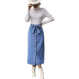 Faldas de mezclilla con autocinturón para mujer, falda larga de talla grande con botones, de cintura alta, por debajo de la rodilla - Product Image 5