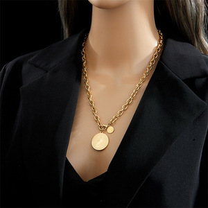 European and American fashion personality retro portrait round brand <b>titanium</b> steel pendant <b>chain</b> high-grade necklace - Product Image 3
