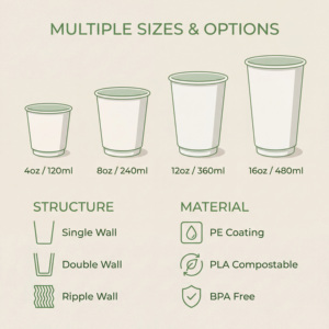 Vasos de Papel Desechables para <span class=keywords><strong>Café</strong></span> al por Mayor, 8oz, 12oz, 16oz, con Tapa, Personalizados con Logotipo, de Pared Simple, para Cafeterías - Product Image 3