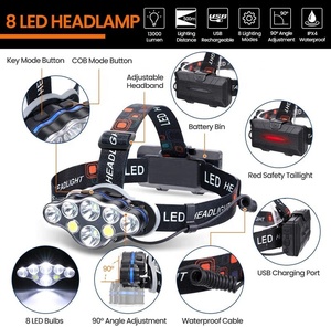 Alto Lumen USB recargable Super potente Ultra brillante 8LED la <span class=keywords><strong>cabeza</strong></span> <span class=keywords><strong>de</strong></span> la lámpara <span class=keywords><strong>linterna</strong></span> blanco con <span class=keywords><strong>luz</strong></span> <span class=keywords><strong>roja</strong></span> batería incluida - Product Image 2