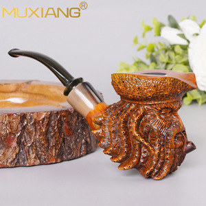 Muxiang Davy Jones Briar Wood Pipe Octopus Style Bent Type Tobacco Pipe Bronze Colored Carved Bull Horn - Product Image 2