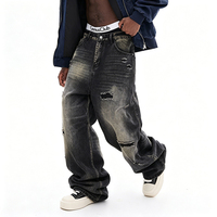 Jean large noir délavé et déchiré pour homme – Tendance et stylé avec patchwork – Coupe droite longue
