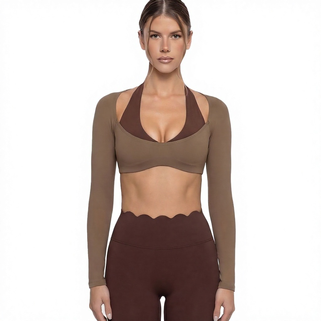 Women's Solid Two-piece Sweat-Wicking Sports Long-sleeved Halter Neck Pilates Yoga Clothes Slim-fit Fitness Sports Top