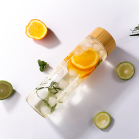 Bouteille à jus en verre borosilicate de luxe en gros, réutilisable, transparente, personnalisée, bouteille d'eau potable en verre avec couvercle en bois