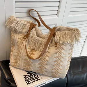 Bolsa de mão de palha e borla para praia, sacola personalizada para verão e primavera, 2023