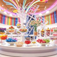 Meubles commerciaux, présentoirs à bonbons, vitrines, design intérieur écologique pour confiserie, aménagement en bois