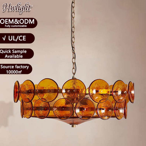Lustre en verre martelé ambré de style Mid-Century, finition laiton antique, suspension à deux niveaux en forme de tambour, luminaire de plafond pour salon, salle à manger, chambre à coucher - Product Image 1