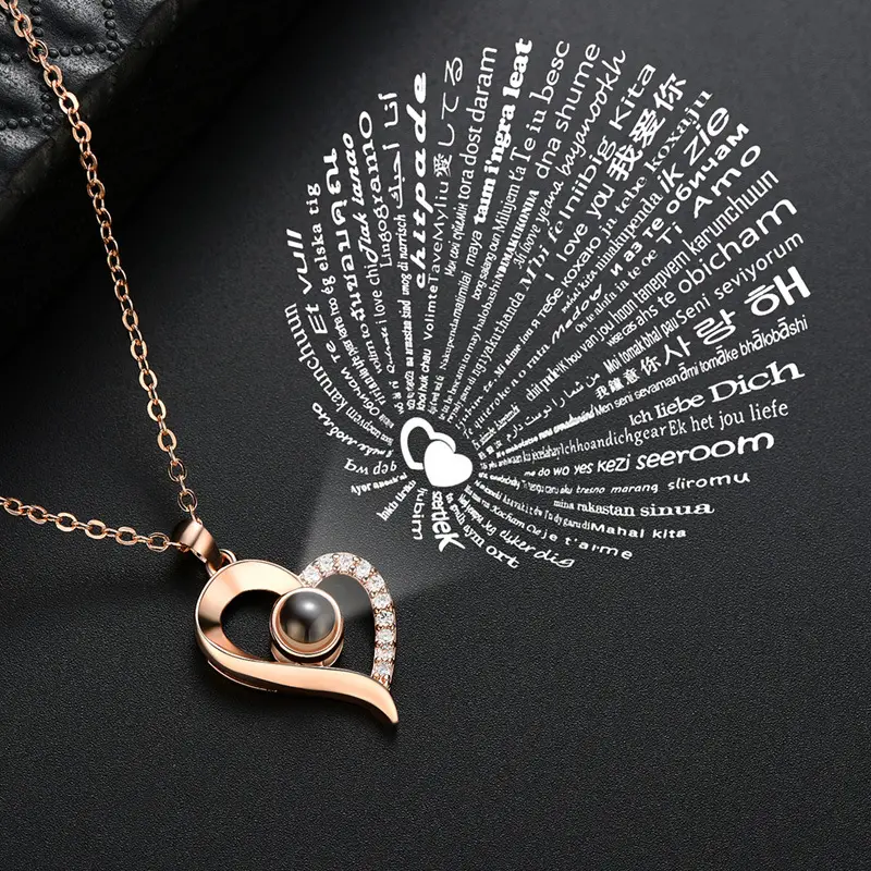 Fashion Valentines Day Gift 100 Languages Love Memory I Love You Projection Copper Rose Gold Women Necklace jewelry