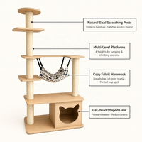 Grand arbre à chat 158 cm, structure d'escalade multi-niveaux pour chat, poteau à gratter en sisal, hamac, grotte en forme de tête de chat, contreplaqué
