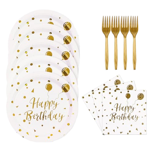 Ensemble de vaisselle jetable pour anniversaire, 60-80 pièces, assiettes rondes blanches et dorées en papier, serviettes pour décoration de fête en intérieur - Product Image 1