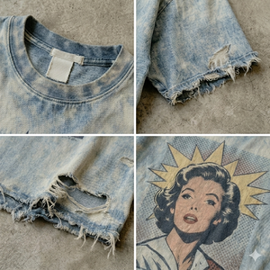 T-shirt Personalizzata Strappata e Usurata con Stampa, 100% Cotone Lavato con Acido per un Effetto Vintage Sbiadito e Consumato. - Product Image 3