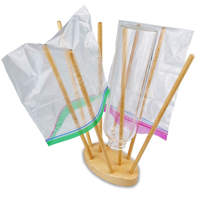 Custom Bamboo Wood Reusable Ziplock and Freezer bag Dryer Rack Plastic Bag and Baby Bottle Drying Rack