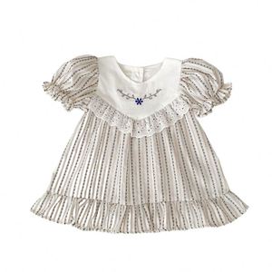 Gaun Bayi Baru Lahir Engepapa Musim Panas Lengan Pendek Motif Garis-garis Gaun Anak Perempuan Bordir Pakaian Bayi Katun - Product Image 5