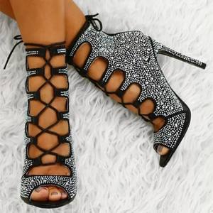 Chaussures de <span class=keywords><strong>danse</strong></span> de salon/latine EVKOODANCE pour femmes, noires, doublure en satin, <span class=keywords><strong>talon</strong></span> aiguille de 10 cm, bout ouvert, lacets, détail en strass - Product Image 2