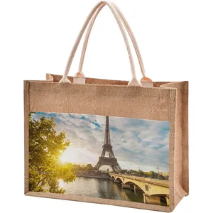 wholesale custom photo printed different sizes jute tote shopper bag canvas jute door gift bag handbag with canvas pocket