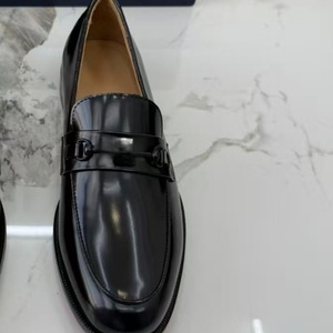 Black Genuine Leather Loafers <b>Round</b> Toe Slip-On <b>Cushioned</b> Office Career Men's Solid Color All Seasons Rubber Outsole - Product Image 3