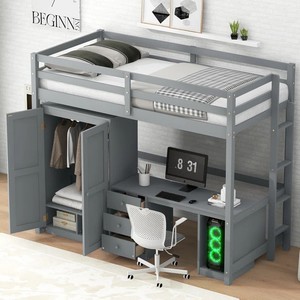 Lit pour enfants Loft avec armoire, bureau et tiroirs de rangement-Taille jumelle, meubles de chambre d'enfant peu encombrants - Product Image 3