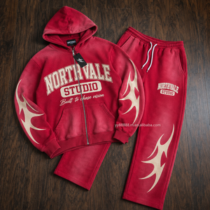 OEM Urban Streetwear Hoodie <strong>Jogger</strong> Set Red French Terry Heavy GSM Acid Wash Men Custom Oversized Tracksuit - Product Image 1