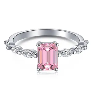 Customize Romantic Engagement Rings 925 Sterling Silver Emerald Cut Pink Cubic Zirconia Square Shaped Rings Jewelry