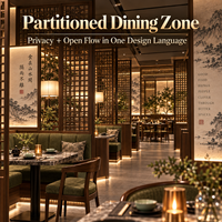 Aménagement clé en main pour restaurant chinois : cloison en bois, vitrine, mobilier complet pour la restauration régionale.