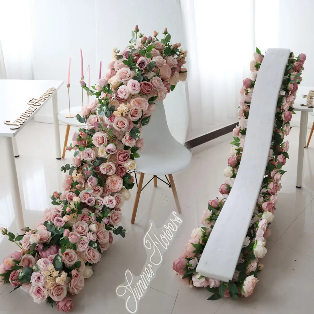 D-FR001 Wedding Props artificial blush pink Flowers Runners Flower Rows Artificial Flowers Table Runner For Wedding Decoration