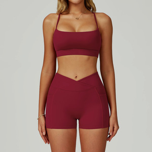 Ensemble 2 pièces pour femmes-Soutien-gorge de sport Cross Beauty Back et short croisé à la taille en V avec poches-Ensemble athlétique-Combinaisons de <span class=keywords><strong>compression</strong></span> - Product Image 5