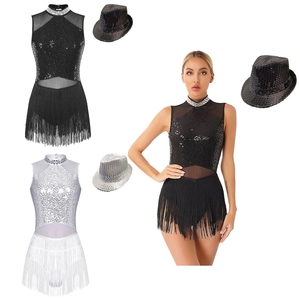 Vestido de Danza con Flecos para Mujer, con Sombrero, para Baile Latino, Tango, Rumba, Cha-Cha, Samba, Baile Moderno, Patinaje Artístico, Fiestas de Baile - Product Image 1